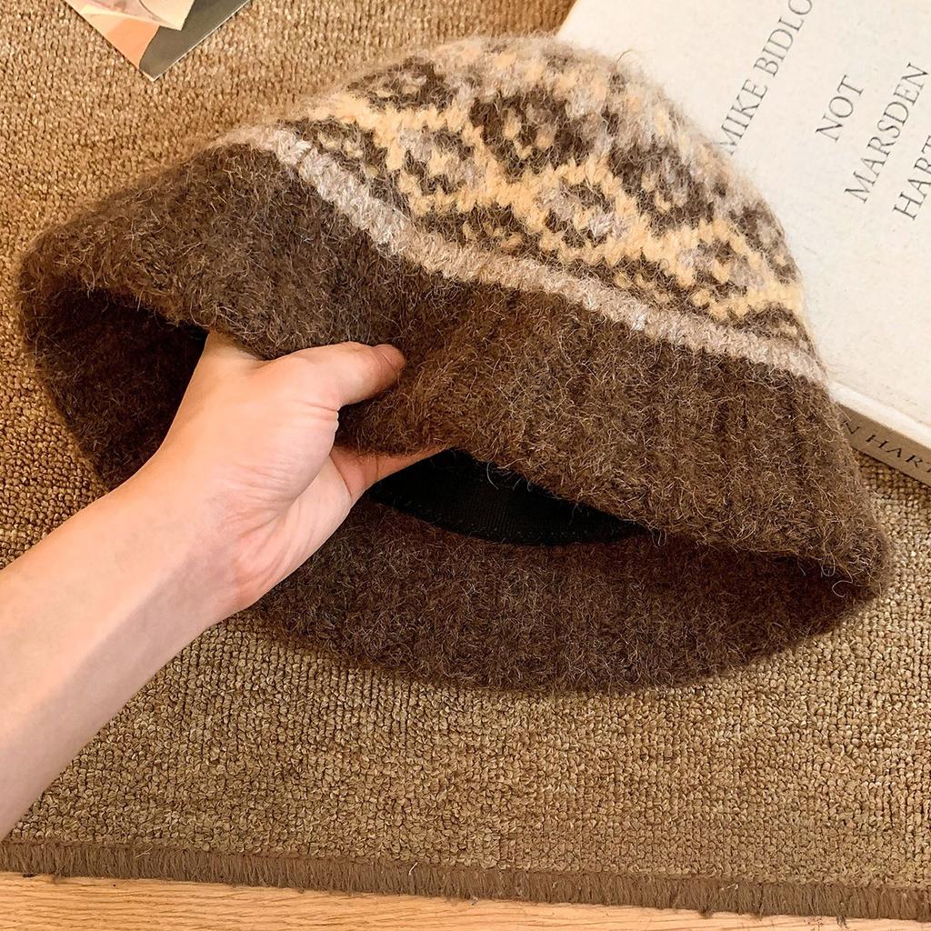 Knitted Wool Hat Women's Winter Warm Bucket Hat Retro Ethnic Wind Basin Hat