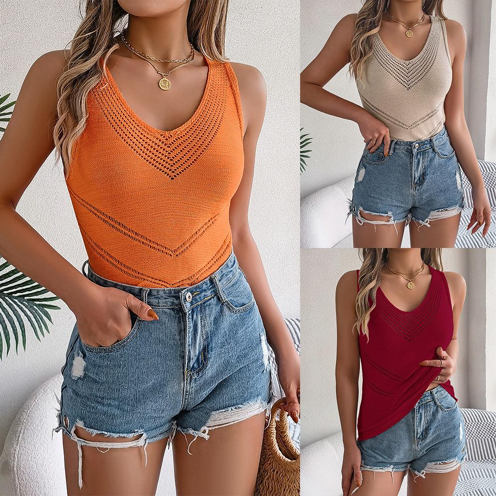 Women Chevron Hollow Out Knit Sleeveless Tank Top