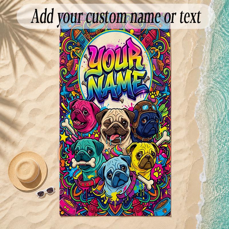 Pug Theme Soft Beach Towel Personalized Custom Name Text Towel Portable for Beach Pool Travel