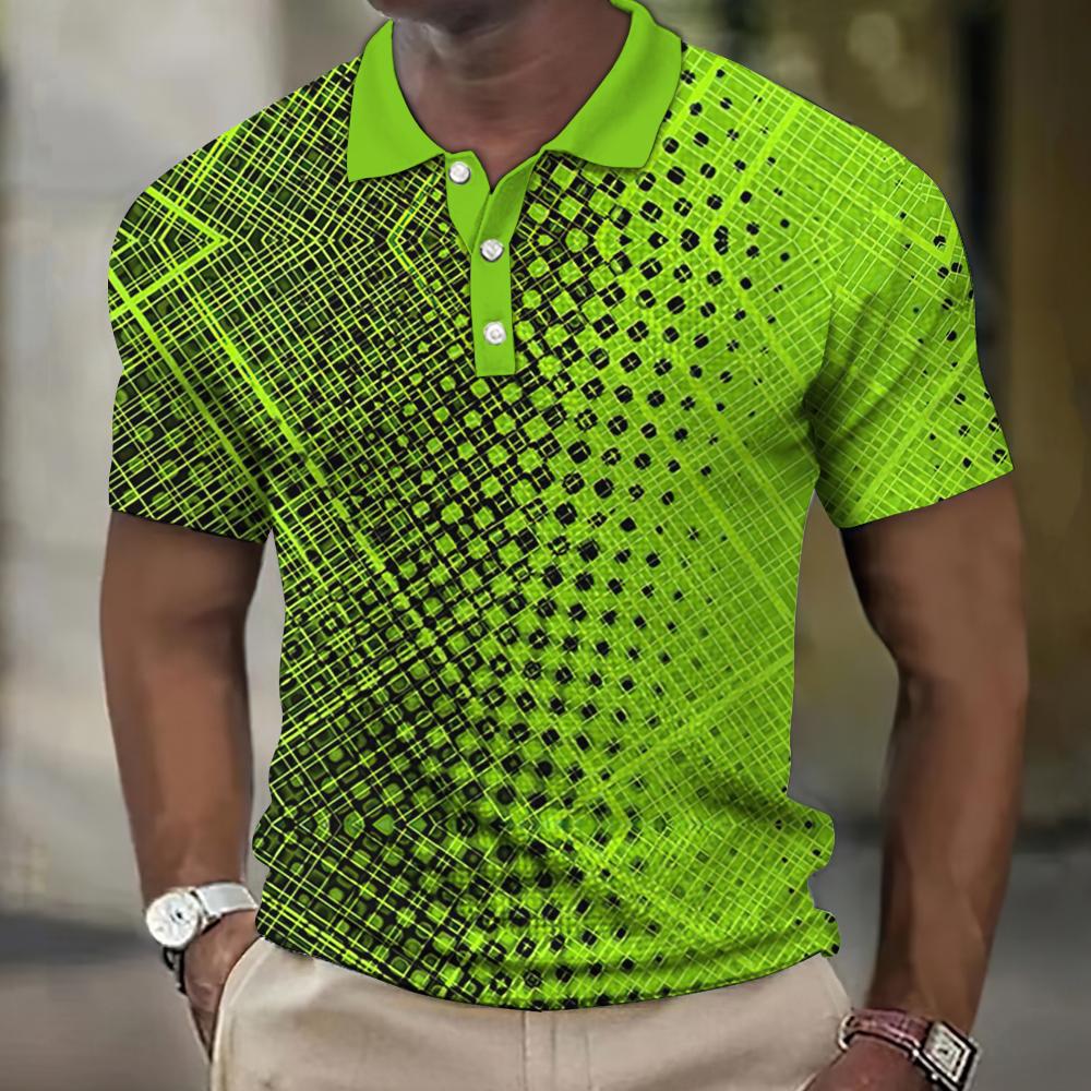 Men's 3D Plaid Print Casual Loose Short Sleeve Polo Shirt