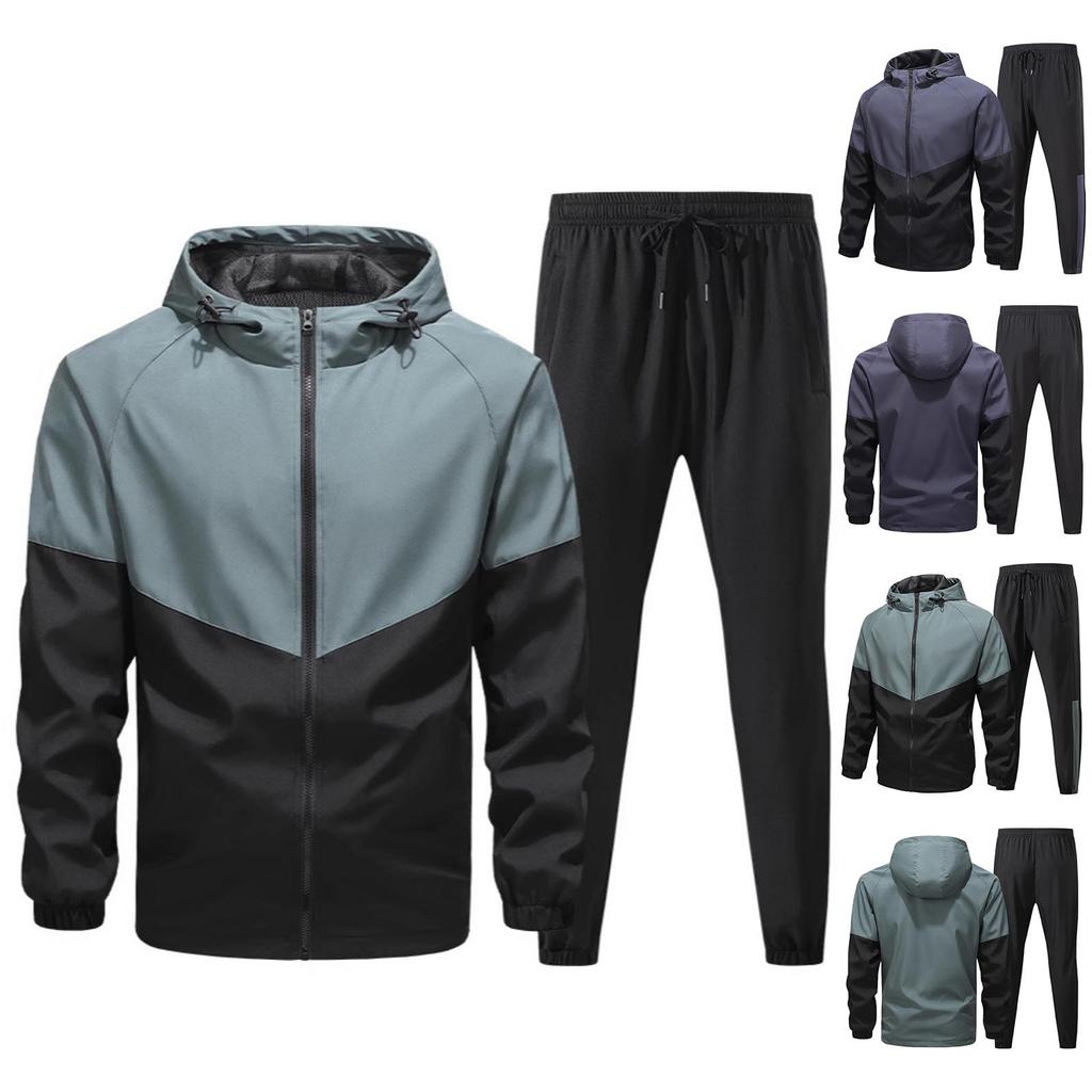 Men's Casual Color-blocking Windproof Sweatshirt And Sweatpants, Men's Hooded Zipper Sweatshirt And Sweatpants Two-piece Set