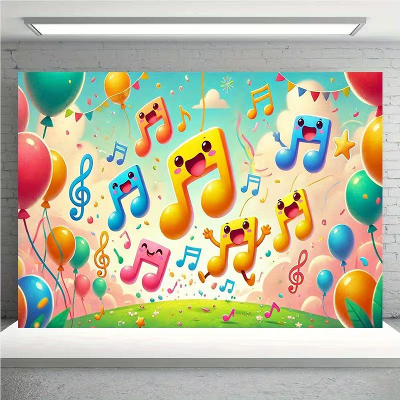 2D Cartoon Music Note Backdrop Colorful Balloon Birthday Party Background