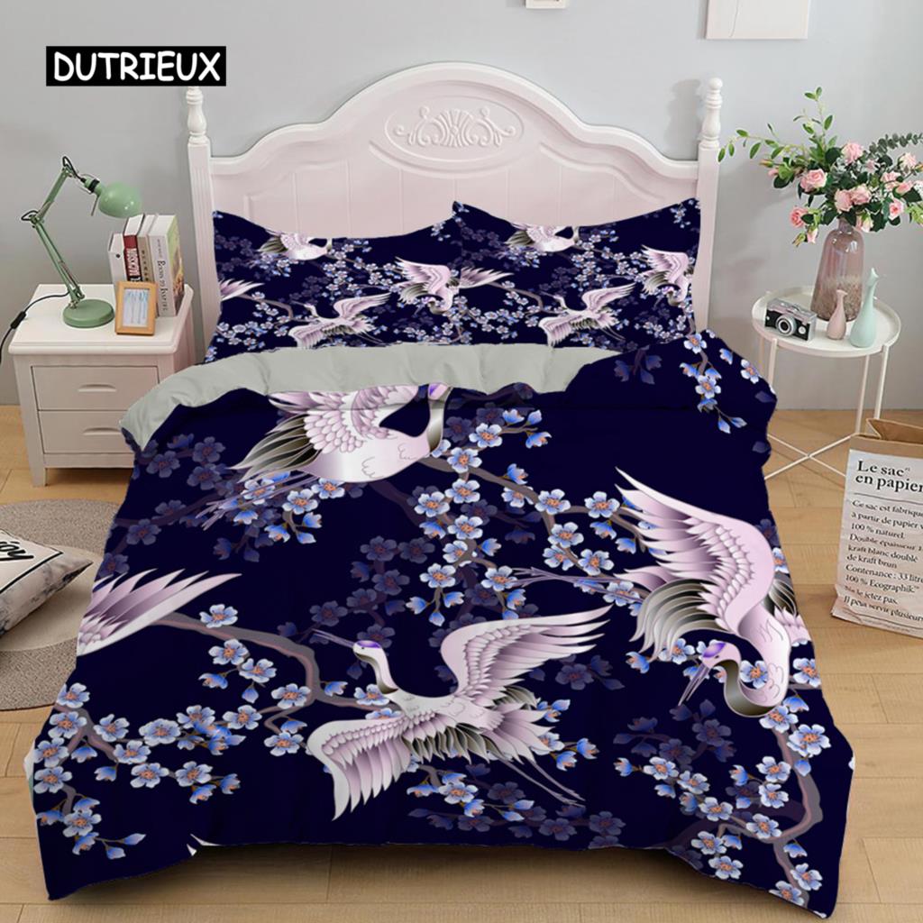 Crane Printed Bedding Set Luxury Duvet Cover Queen Size Comforter Cover Sets for Kids Teen Bedroom Decor Microfiber Quilt Cover