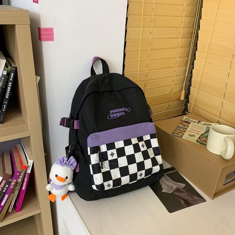 Simplified Checkered Letter Pattern Student Backpack With Plush Pendant For Middle School Students