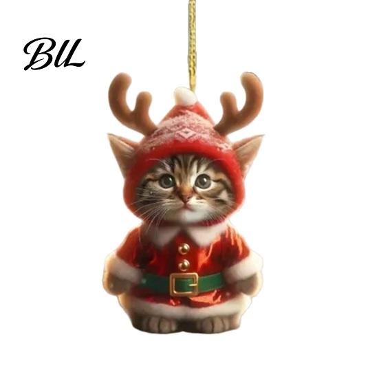 Holiday Gift Packaging Embellishments Santa Cat Christmas Ornament, Acrylic Car Mirror Hanging Decor with Rearview Accessories Reindeer Antlers,