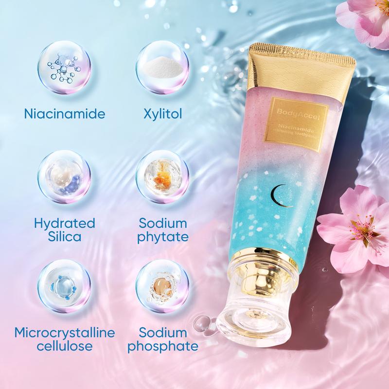 BodyAccel Aufhellende Zahnpasta - Niacinamid Pfirsich Minz Geschmack | Vegan, Fluoridfrei, Anti-Plaque & Frischer Atem | Mundhygiene Essentials