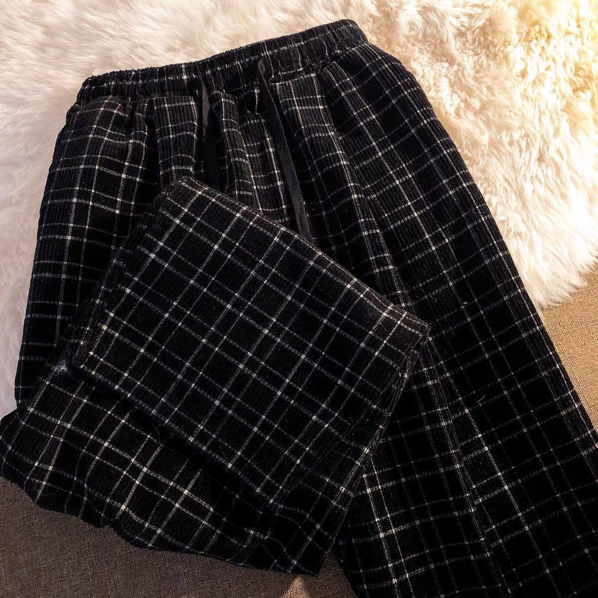 Женские тонкие свободные прямые вельветовые спортивные брюки с эластичной резинкой на весну и осень XXS чёрный