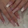 24Pcs Long Square Press On Nails Leopard Print French 3D Cherry Design False Nail Rhinestone Wearable Full Cover Fake Nails Tips