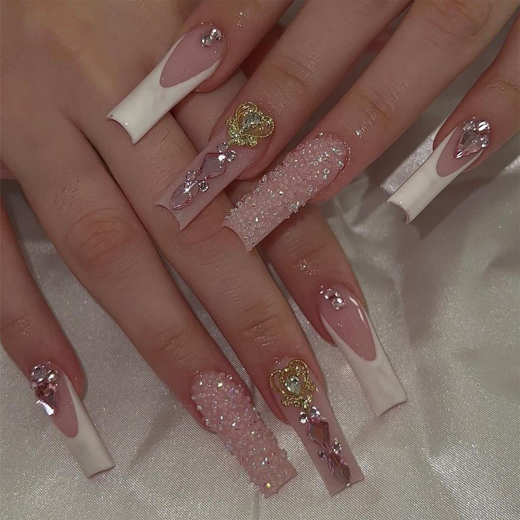 24Pcs Long Square Press On Nails Leopard Print French 3D Cherry Design False Nail Rhinestone Wearable Full Cover Fake Nails Tips