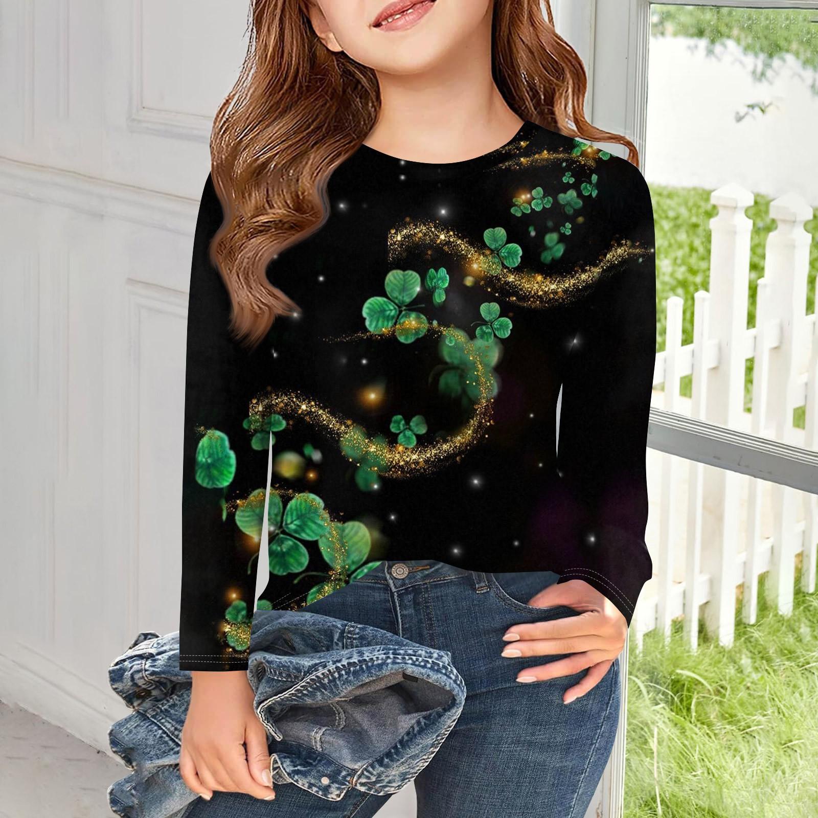 

Футболки с длинным рукавом для девочек, детские осенние топы с круглым вырезом и принтом, базовые футболки для детей 5–14 лет 140 чёрный