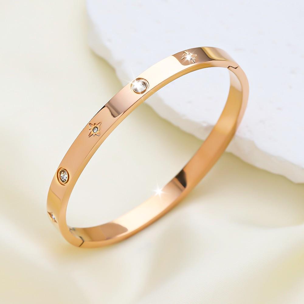 18K Gold Electroplated Stainless Steel Bracelet with Rhinestones and Eight-Pointed Star Design for Women