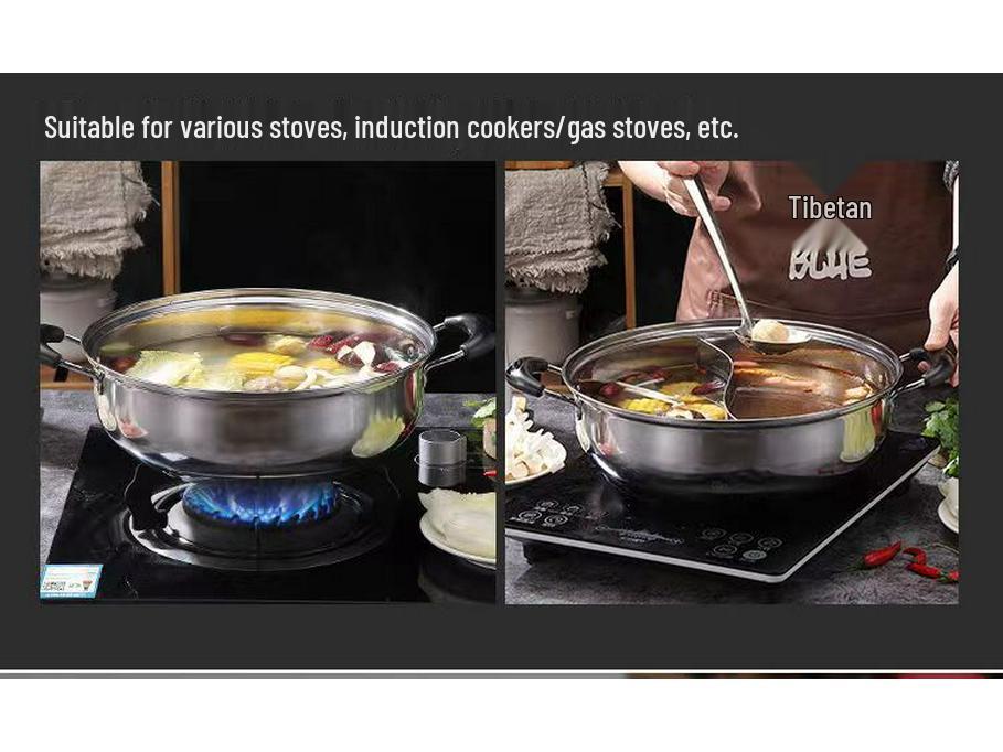 Yin-Yang Verdickter Edelstahl Hot Pot mit Deckel - Klare Suppe Shabu-Shabu Flachboden-Design, Kompatibel mit Gewerbeinduktionskochfeldern