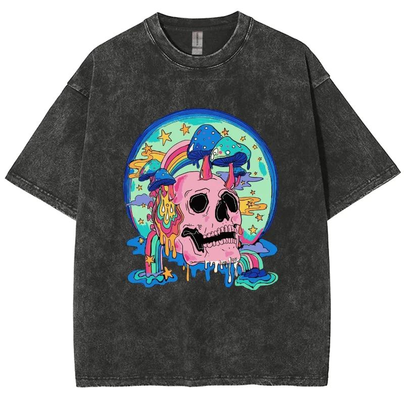 Funny Skull Print Ladies T-Shirt Unisex Wash Loose Oversized Short Sleeve Street Top Tee Summer