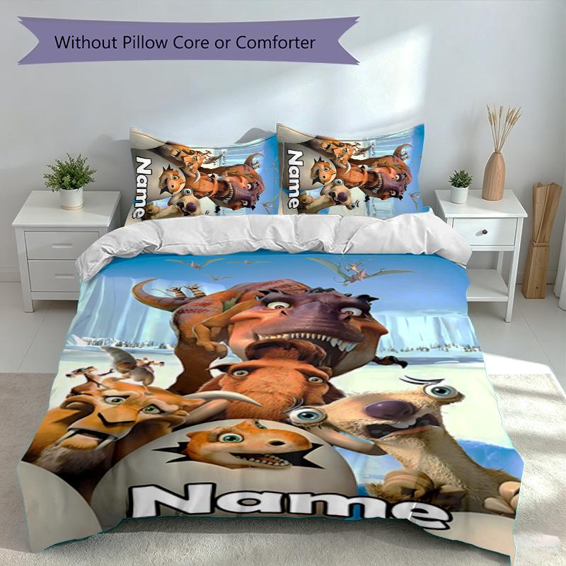 Set de 3 Piezas con Nombre Personalizado La Edad de Hielo El Amanecer de los Dinosaurios, Incluye 1 Funda Nórdica y 2 Fundas de Almohada, Decoración de Dormitorio para Todas las Estaciones