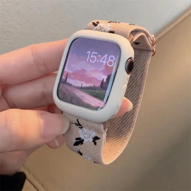 Retro Flower Strap+Case For Apple Watch Band 49mm 40 44 45 41 38 42mm Elastic Nylon Band For iWatch Serie 3 4 5 6 SE 7 8 9 Ultra