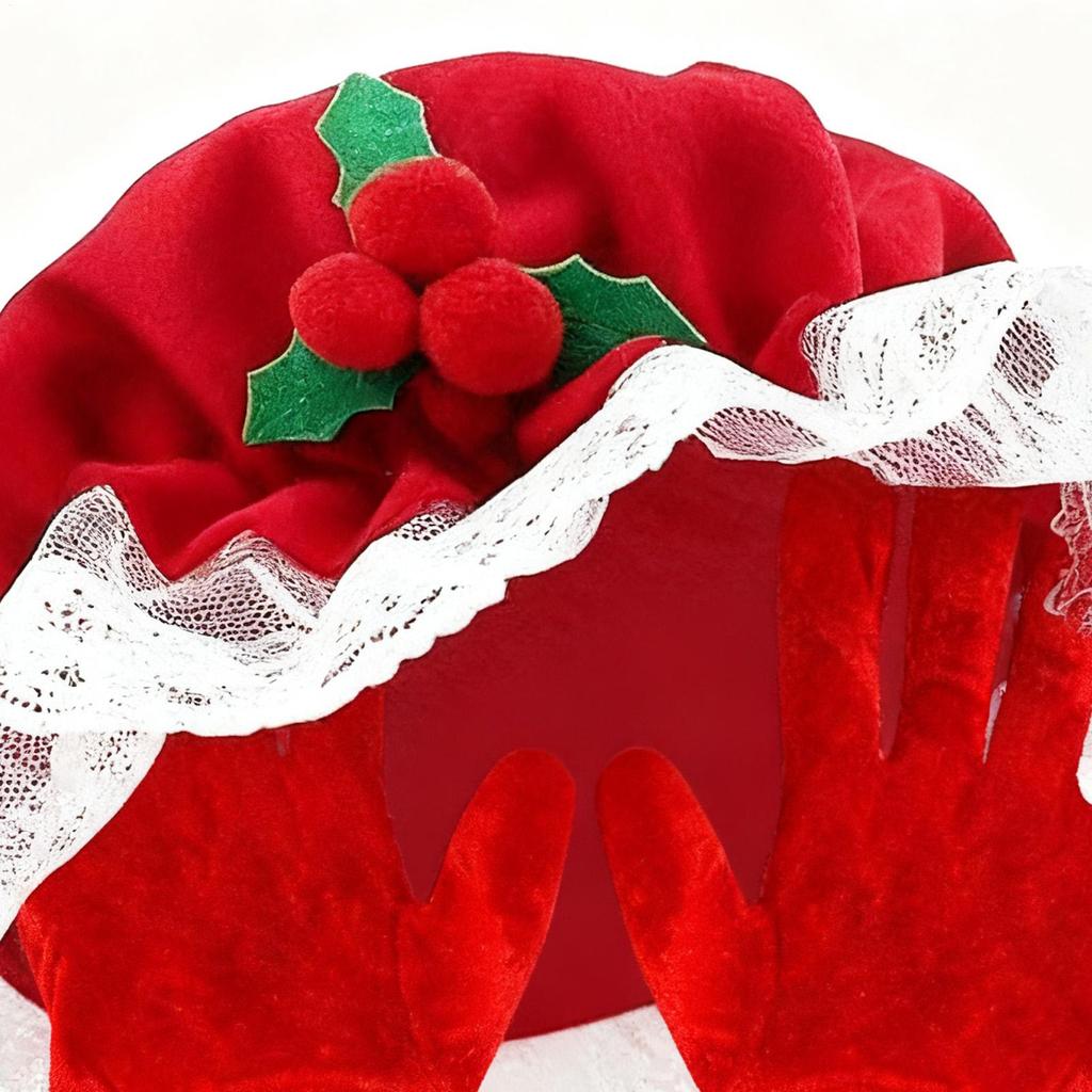 Mrs Claus Hat And Gloves Set Christmas Kids Cosplay Accessories Mrs Claus Dress Up Gloves & Hat For Women Girls Kids Adults