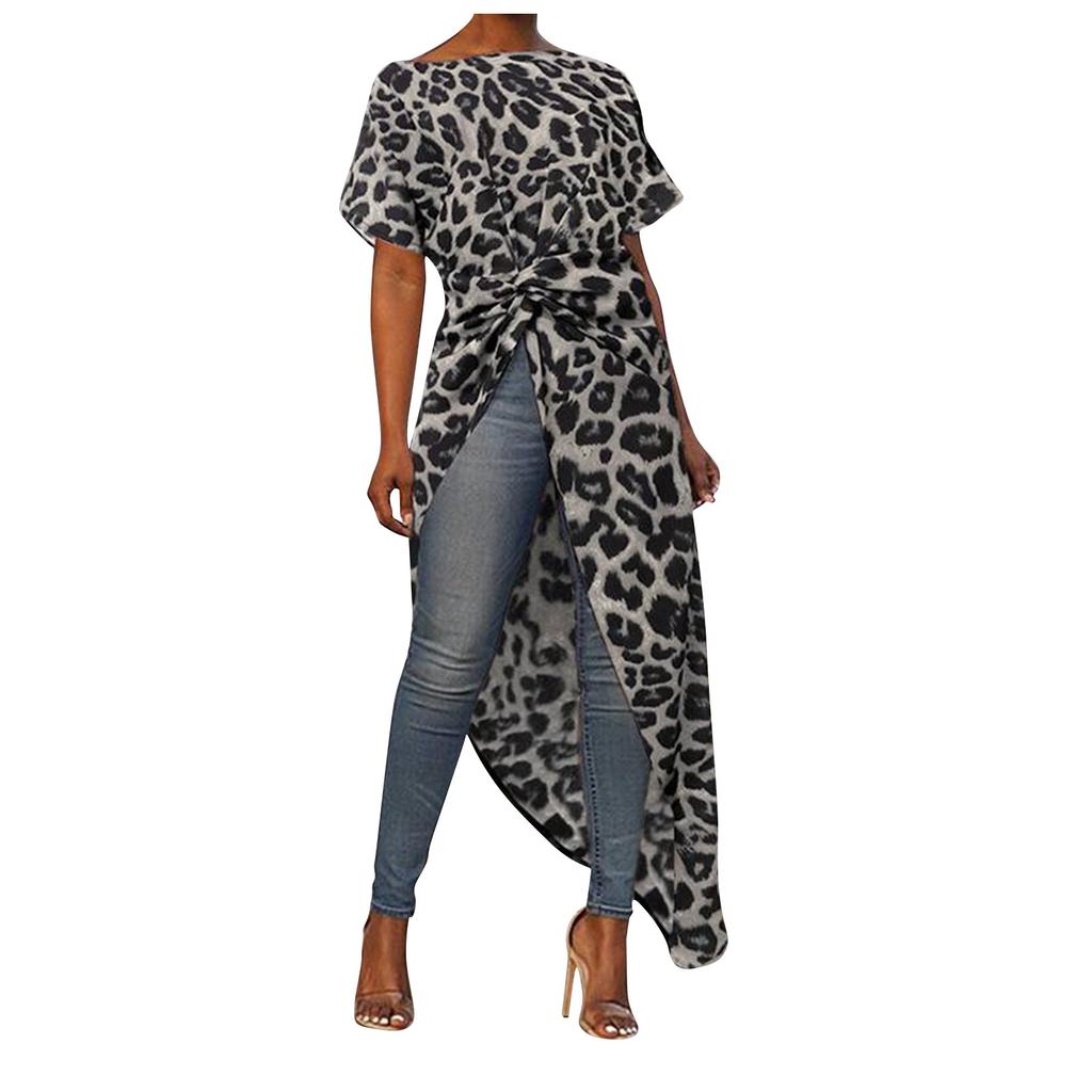 Ourlet asymétrique pour femmes, couleur unie, imprimé léopard, col rond, manches courtes amples