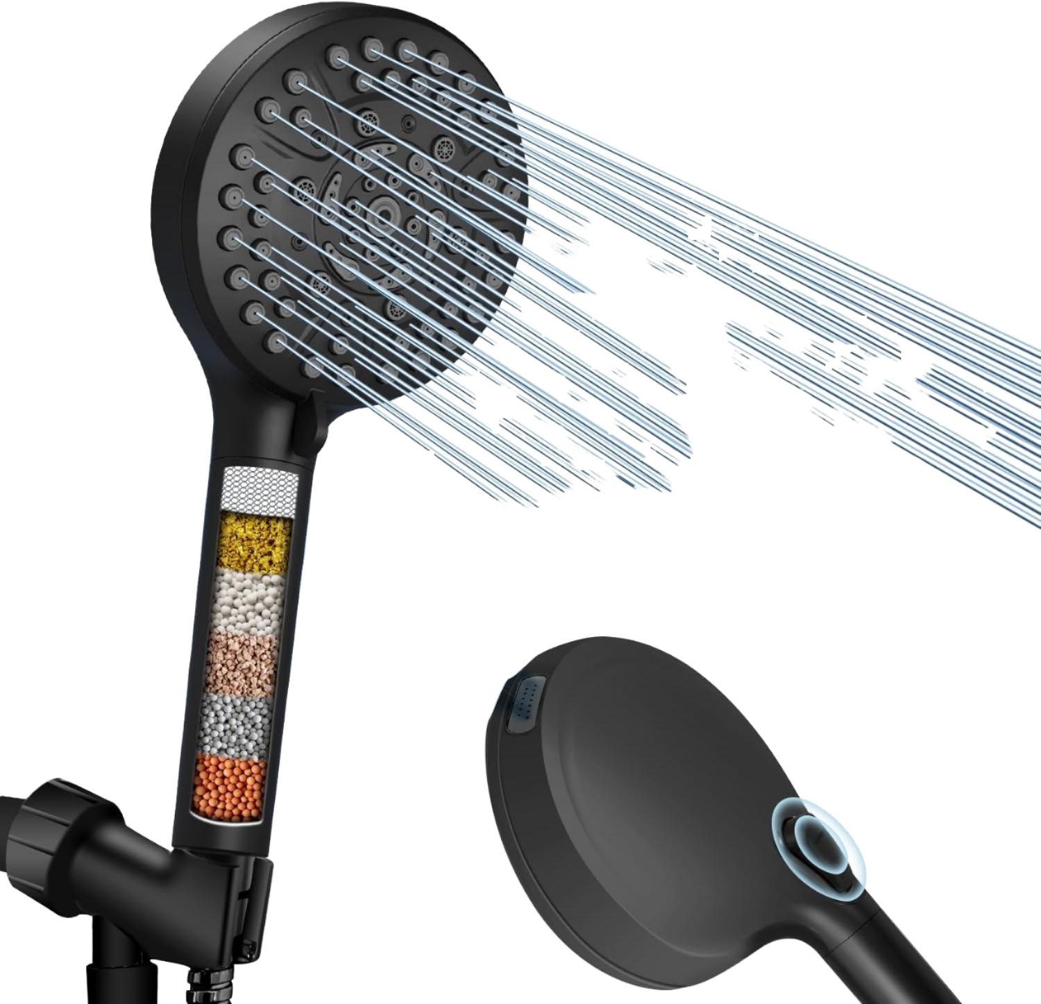 Modern High Pressure Large-Panel 5-Setting Handheld Showerhead Filter Pressure-Boosting Nozzle Power Wash Replaceable Filter (Black,Stainless Steel) чёрный