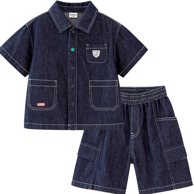 Minibala Boys' Cotton-Linen Denim Short-Sleeve & Shorts Set