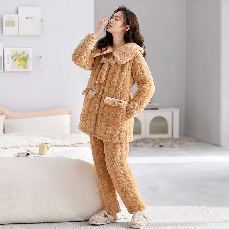 Pajamas Women'S Winter Three-Layer Padded Jacket Coral Fleece Fleece Thickened Flannel Medium And Long Loungewear Set Winter