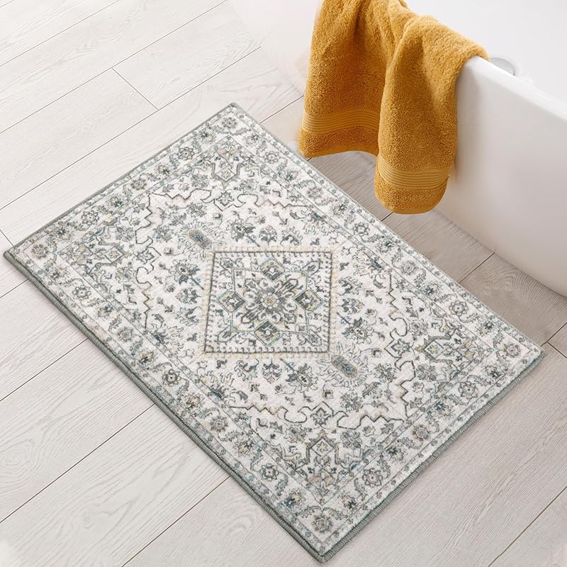 HOMBYS Boho Bathroom Rugs, 20 x32  Small Bath Mats for Bathroom Non Slip & Washable Bath Rug, Luxurious Low Pile Soft Tub Mat for Sink Shower Doorway 24 x16