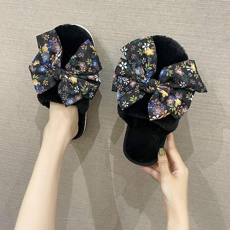 Cute bow flat-bottomed plush slippers for women 2025 home non-slip, breathable and cold-proof versatile cotton slippers for women