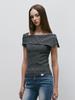 KITTY POTTERY Striped Off-Shoulder Short-Sleeve T-Shirt (Navy)