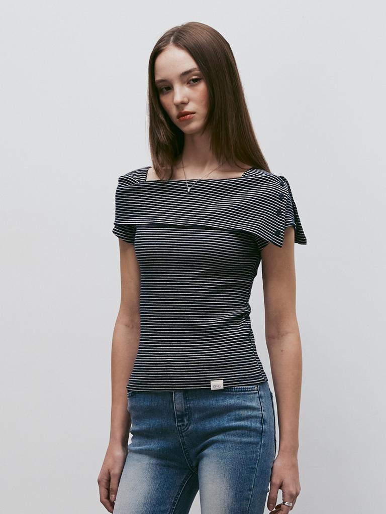 KITTY POTTERY Striped Off-Shoulder Short-Sleeve T-Shirt (Navy)