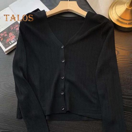 Sun Knit Cardigan for Women Long Sleeve V-Neck Button Up Thin Ice Silk Coat Summer Ribbed Cropped Top for Outdoor Travel Work Beach