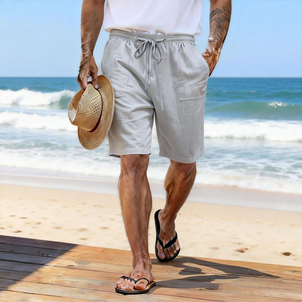 Men's Fashionable, Lightweight, Breathable Sports Casual Shorts. Men's Cotton And Linen Beach Vacation Five-inch Length Shorts.