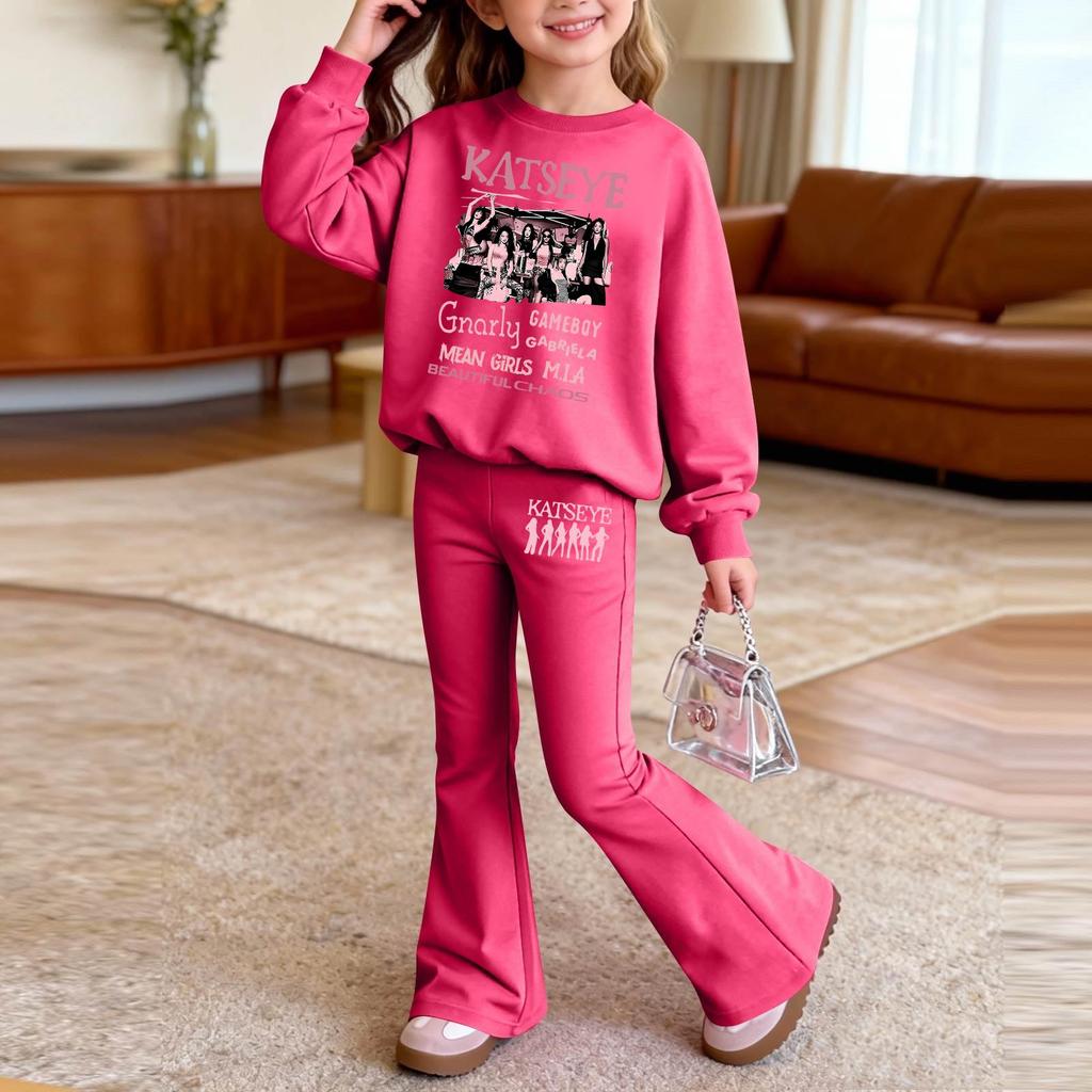 Kids Printed Long Sleeve Neck Top and Pants Set, Casual Loose Fit Outfit for Boys Girls