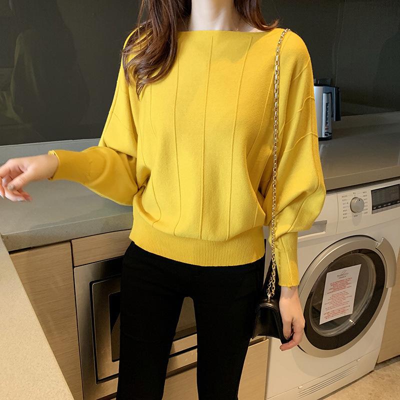 Dámský svetr s netopýřím rukávem, volný a líný styl, pletený svetr, jednobarevný, ležérní svetr, podzim a zima