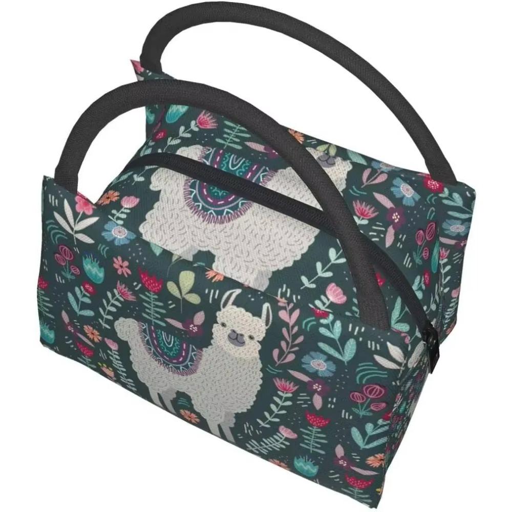 Cute Llama with Floral Thermal Lunch Bag Insulated Lunch Box Meal Prep Cooler Tote for Picnic Camping Work Travel