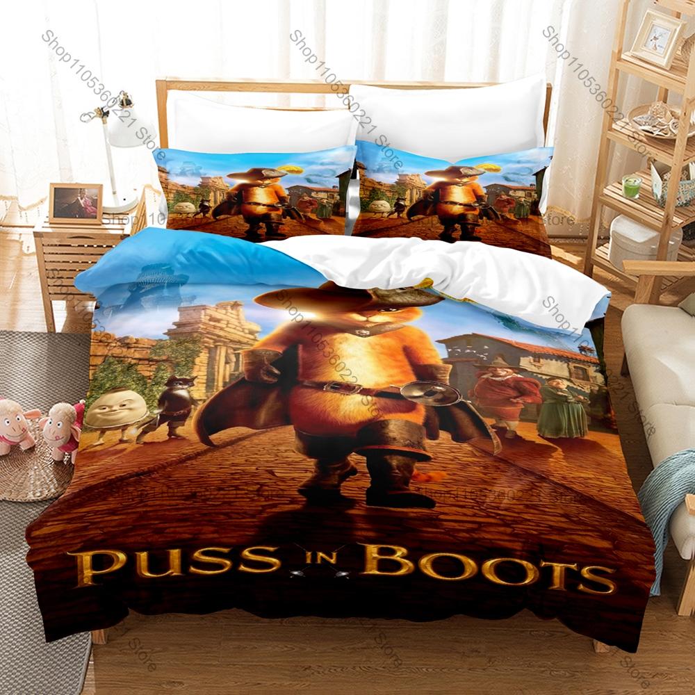 Cartoon PUSS IN BOOTS Bedding Set, Duvet Cover + 2 Pillowcases Vivid Pattern for Home Dorm Daily Use & Collection