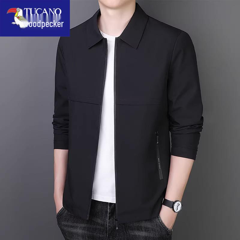 Men's Woodpecker Turn-Down Collar Jacket - Trendy Spring-Autumn Executive Coat, Versatile Business Wear for Dad.