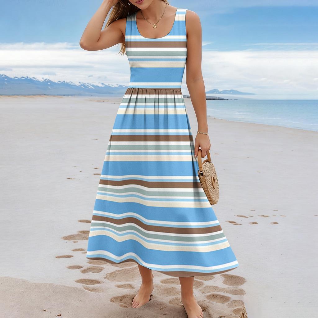 Ladies' striped summer casual and fashionable sleeveless long dress