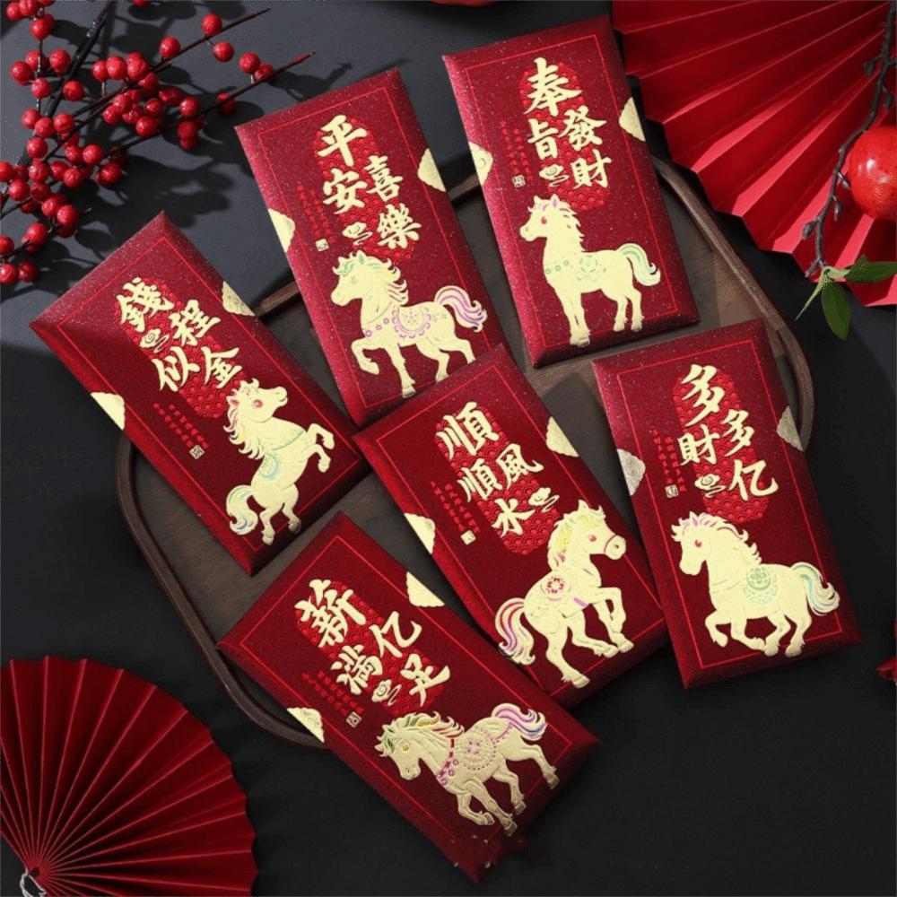 6pcs Cute Horse Year Red Envelopes Traditional Lucky Money Pockets Red Bag Spring Festival