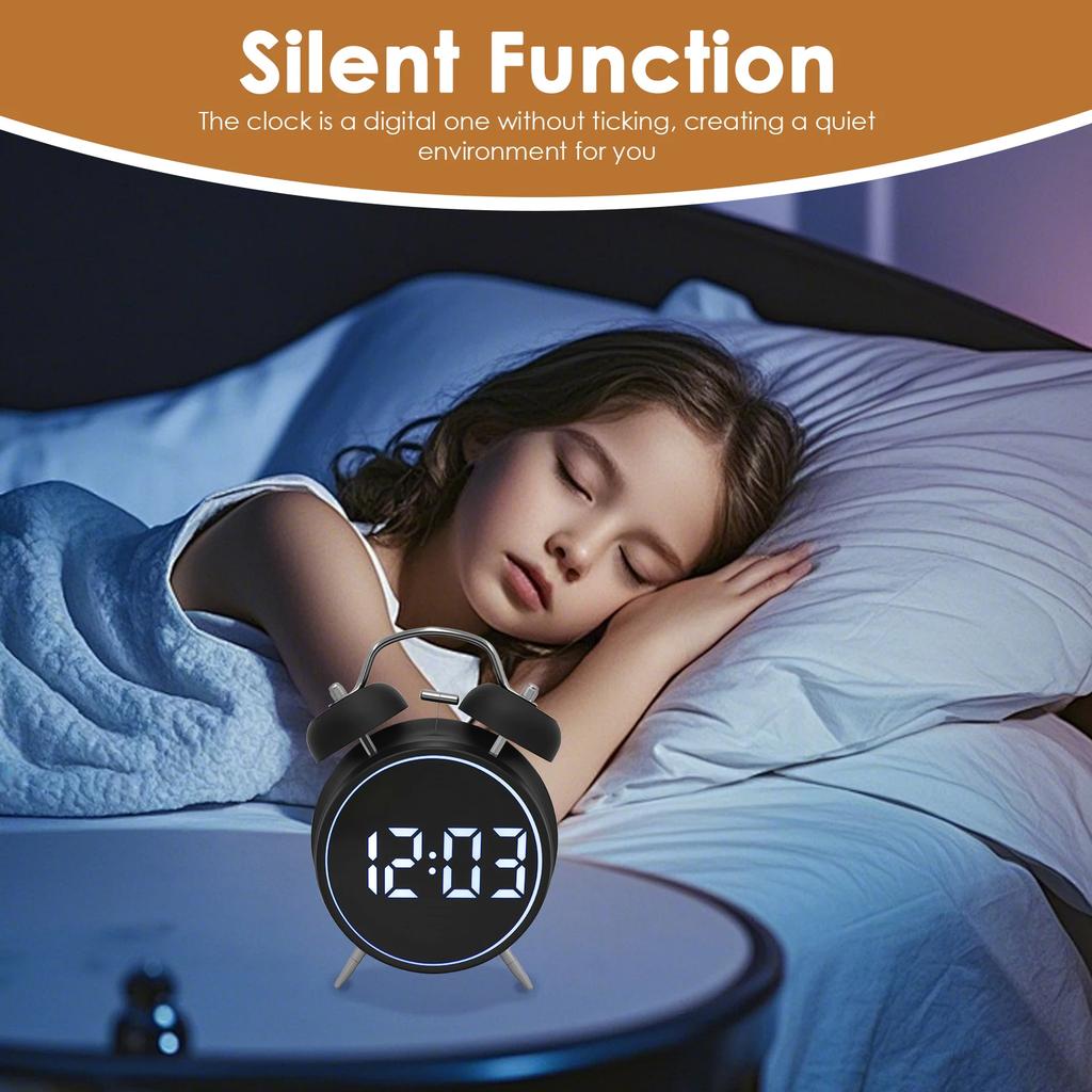 Digital Alarm Clock Metal Double Bell Bedside Alarm with LED Display Silent Table Clock for Heavy Sleepers Adults Kids Xmas Gift