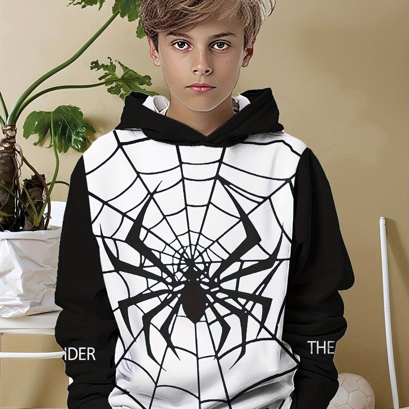 Boy's Black and White Dual Color Black Animal 3D Printed Long Sleeved Hooded Sweatshirt, Sports Shirt