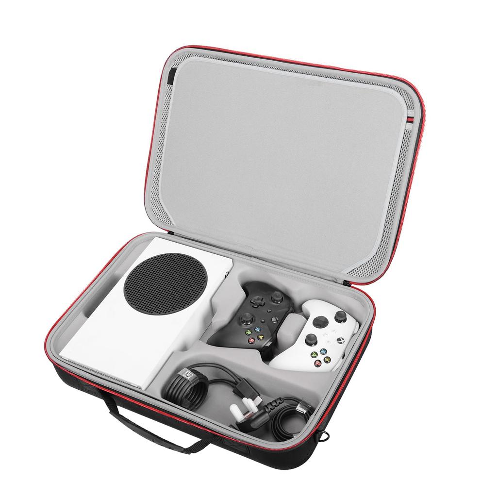Storage case for Xbox Series S console, wireless remote, cables, and more. Large capacity and perfect fit.
