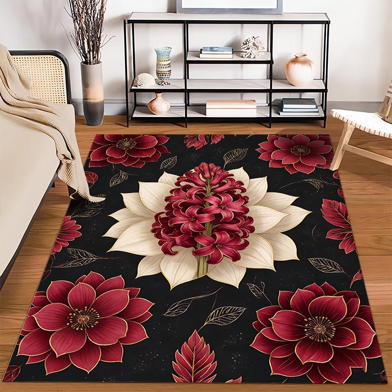 Luxury Floral Carpet with Red and White Flowers On Black Background Suitable for Use As an Anti-slip for Living Room Bedroom Sofas