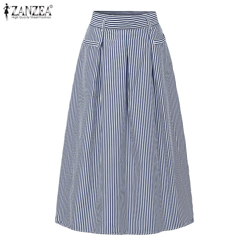 ZANZEA Elegant Women Striped Zipper Casual Long Swing Skirts