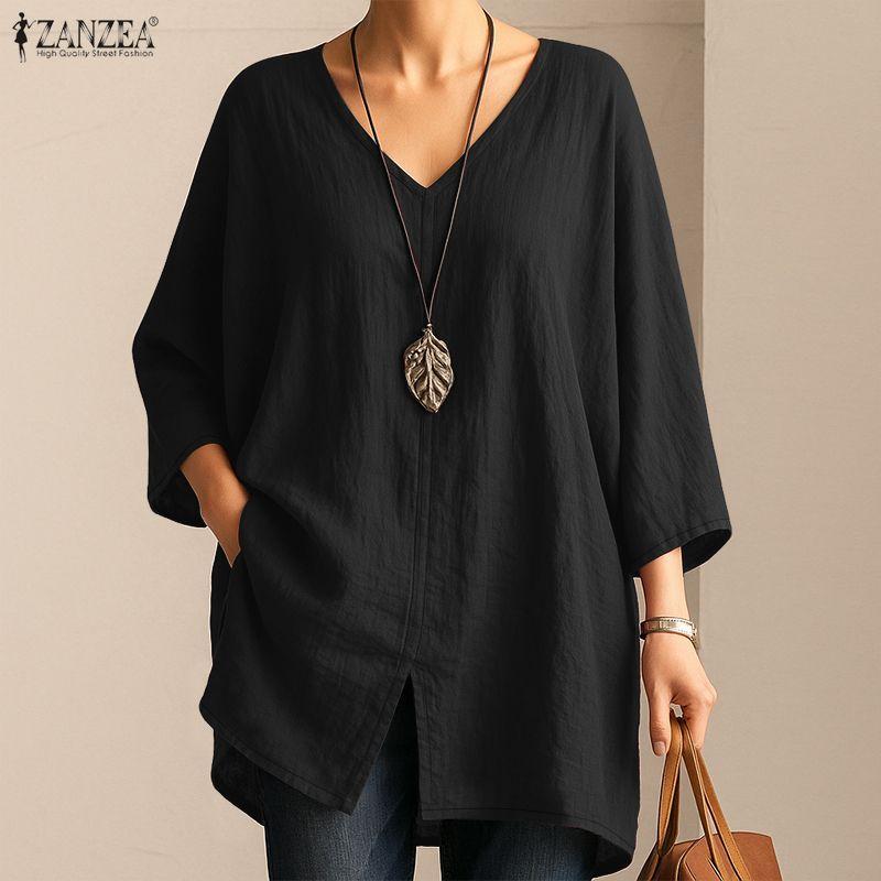 ZANZEA Women Casual V-Neck Loose 3/4 Sleeve Solid Blouse