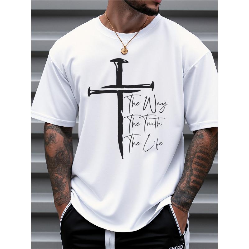 European Size Men's Christian Faith Graphic T-Shirt - The Way The Truth The Life Cross Design, Breathable Regular Fit Short Sleeve Tee