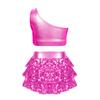 Girls Dance Performance Outfit Shiny Sequins Tiered Ruffles Sleeveless Metallic One Shoulder Vest with Skirted Shorts