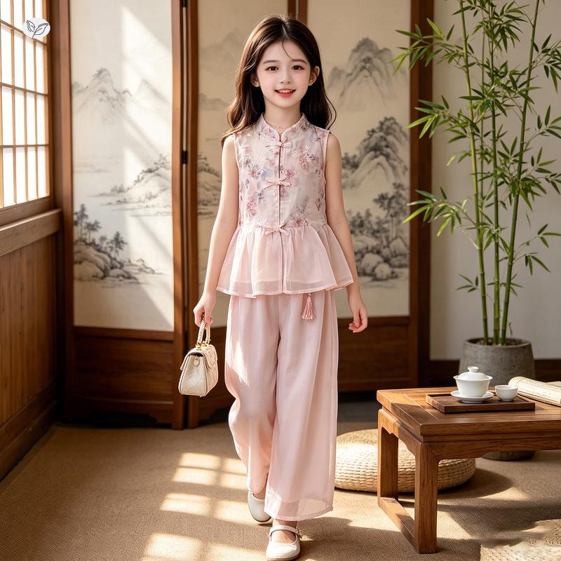 Girls' Summer Hanfu Sleeveless Top & Wide-Leg Pants Set
