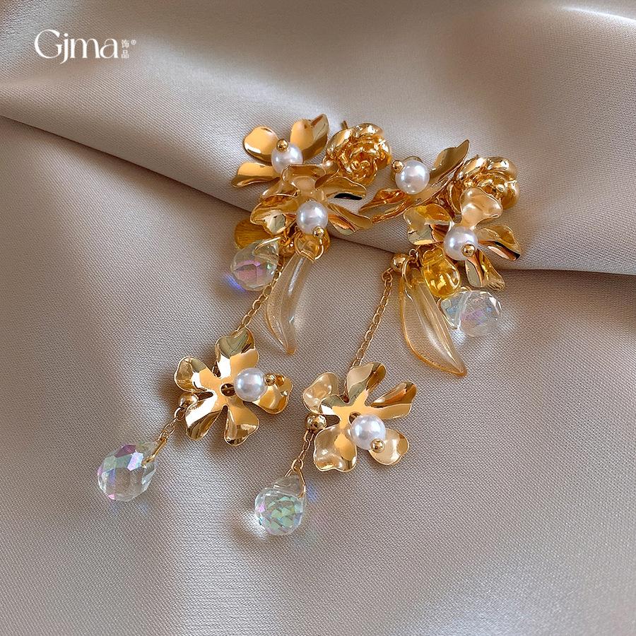 Silver needle flower pearl water drop fringed earrings earrings European and American niche exaggerated earrings women