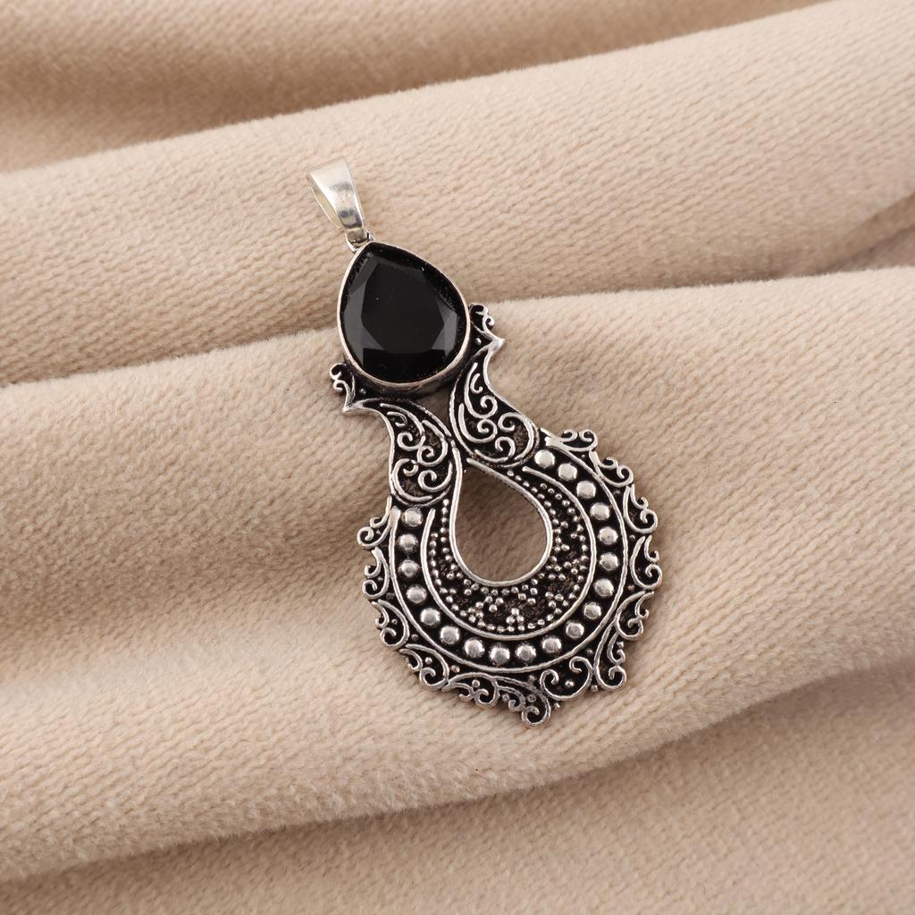 Black Onyx Gemstone 925 Sterling Silver Women Jewelry Elegant Pendant 1.8" For Thanksgiving/Anniversary Gift CP-45-18