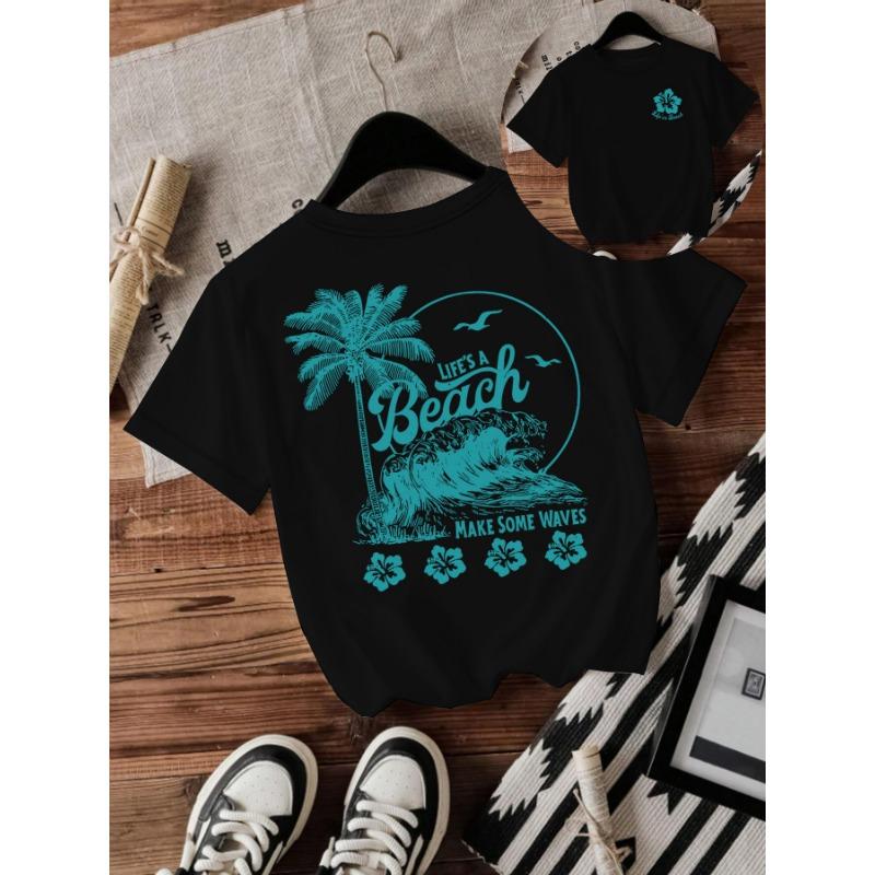 Modisches Rundhals-T-Shirt mit Strand- und Wellenprint und lockeren kurzen Ärmeln