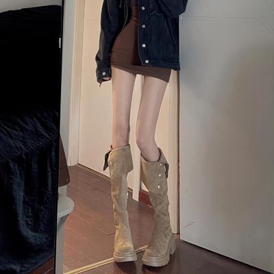 Small Inner Height Increase Over the Knee Boots Children's Maillard Autumn and Winter New Thick-soled Two-wear Folding Boots